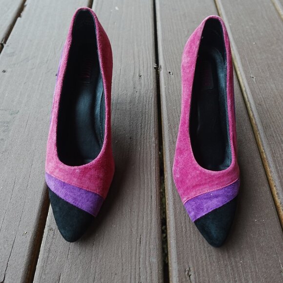Connie Selecca- Suede 80s 90s Colorblock Pump Heel - Purple Pink Size 8 M - Picture 1 of 13